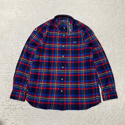Vineyard Vines Flannel Shirt Men Large Navy Plaid Whale Cotton Long Sleeve