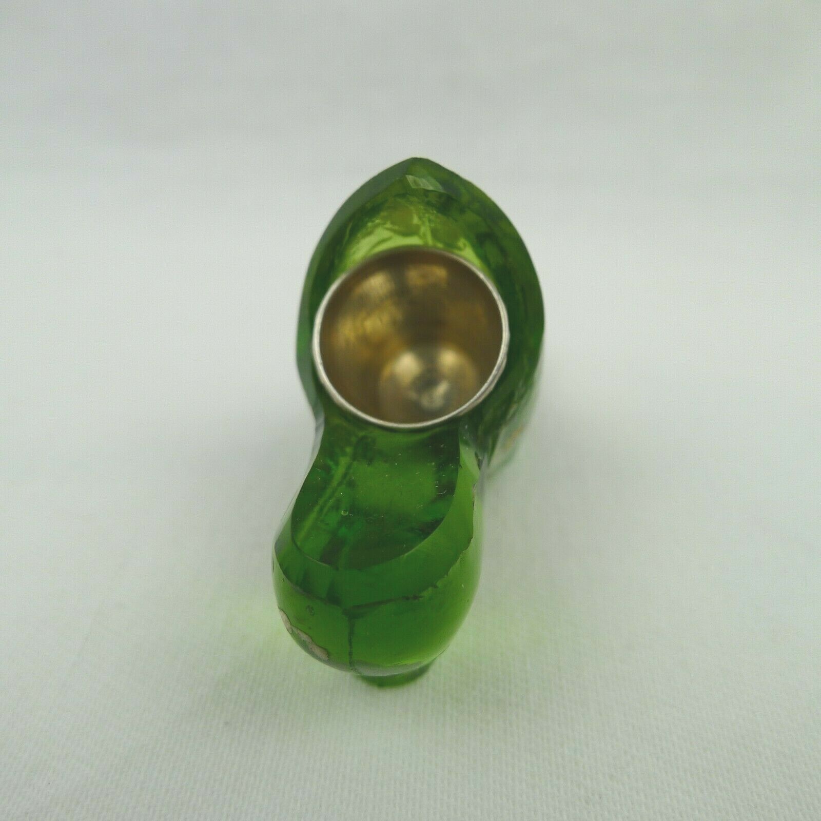 Floral Painted Green Glass Thimble Holder Shoe With Sterling Silver Thimble Rare