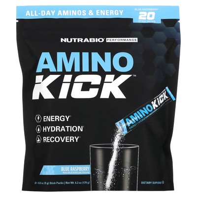 Amino Kick, Голубая малина, 20 стик-пакетов по 0,32 унции (9 г) каждый