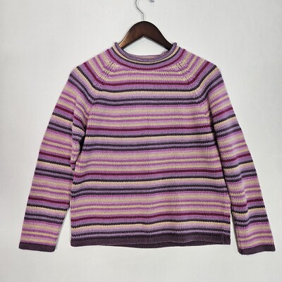 LL Bean Sweater Womens Sz Medium 100% Cotton Multi Color Striped Mock Neck