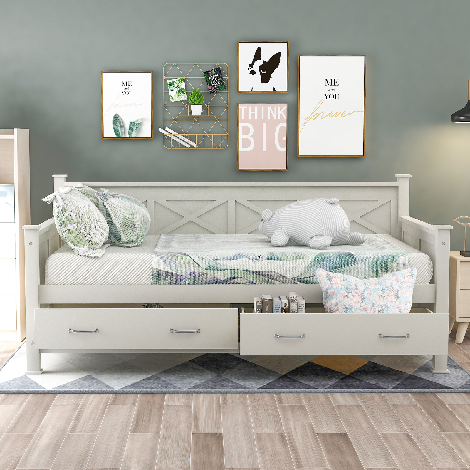 With 2 Large Drawers,rustic Casual Daybed Cream White