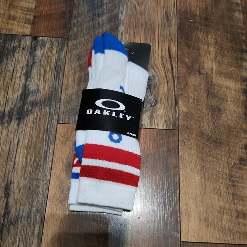 Oakley Spell Out Tube Socks Large B1B Icon 2 Pk White Red Blue Kool Aid Stripe