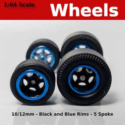 Hot Wheels Muscle Car Long Axle - Black & Blue 5 spoke Drag Slicks - 10mm/12mm