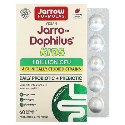 Jarro-Dophilus Kids, Ежедневный пробиотик + пребиотик, малина, 1 миллиард КОЕ, 60 штук