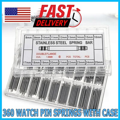 360pcs Watch PINS SPRING BARS Band Strap Link 8-25mm Repair Kit Stainless Steel 