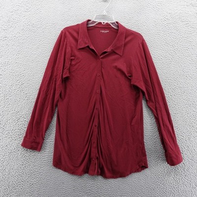 Eileen Fisher Organic Cotton Button Down Top Large Red Womens Long Sleeve *