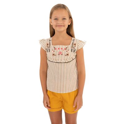 Girls Top Stripe Cotton Square Neck Short Sleeve Animal Print Age 3-4 Years