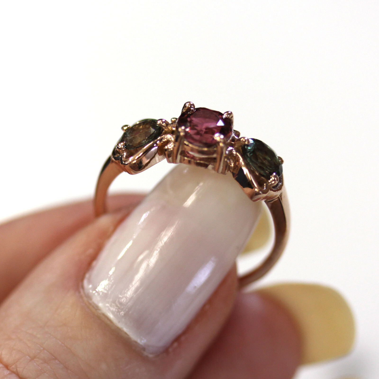 Pre-owned Jewelry By Arsa 1.3 Ctw Natural Alexandrite & Pink Tourmaline Solid 14k Rose Gold 3 Stone Ring