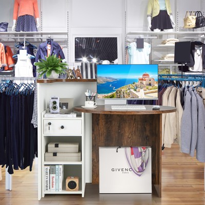 Front Reception Counter Desk Checkout Office Desk w/Open Shelf & Lockable Drawer