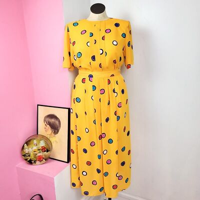 Vintage 80s Yellow Polkadot Two Piece Top & Skirt Set