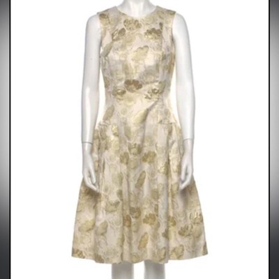 Carmen Marc Valvo Cream Gold Floral Pattern Print Midi Embroidered Dress Size 12