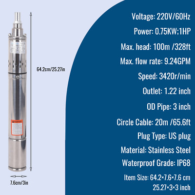 Deep Well Submersible Pump 3'' 1 HP/220V 220 ft Max All S.S Hallmark Industries