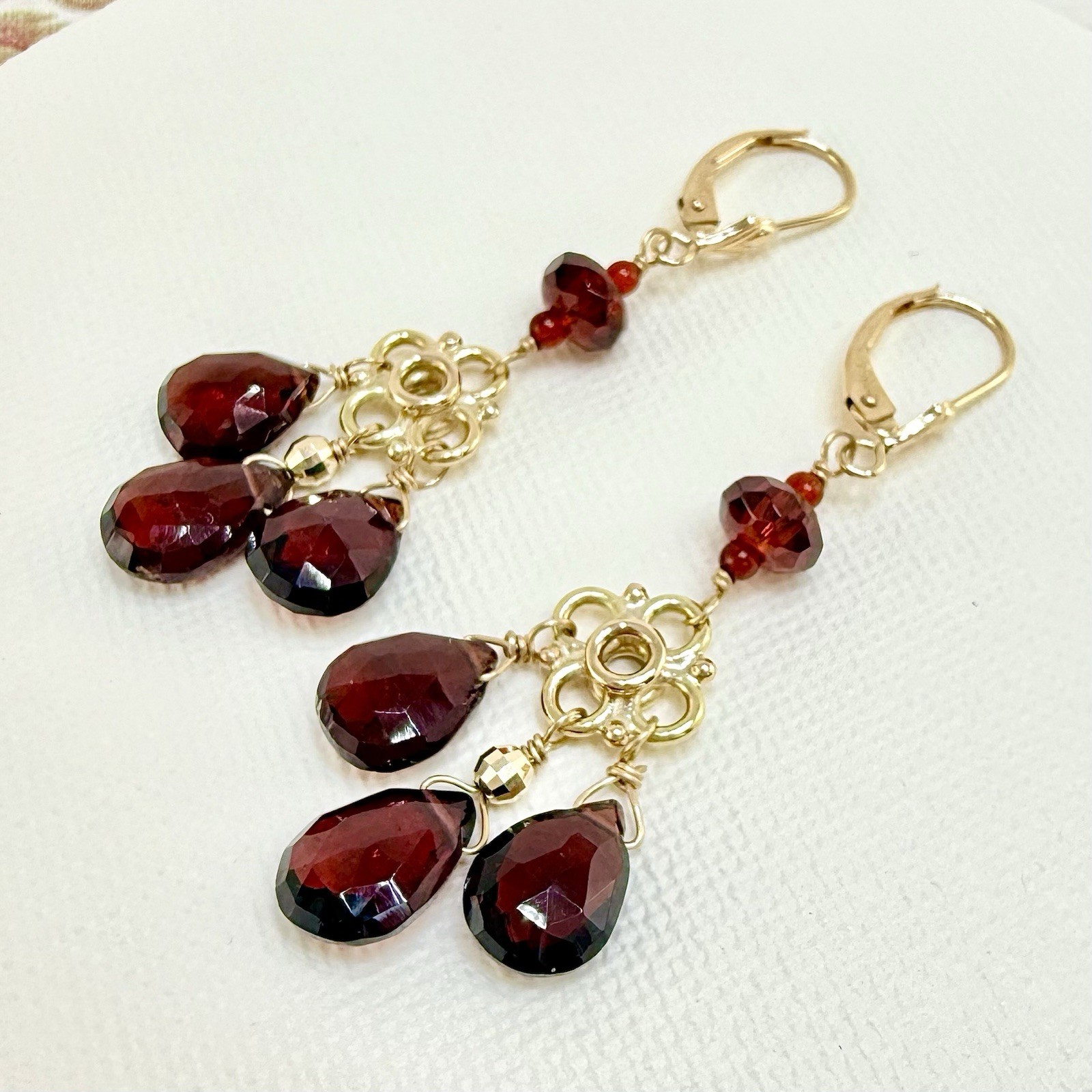 14k Yellow Gold Genuine Garnet Chandelier Dangle/Drop Earrings, New, 2.10