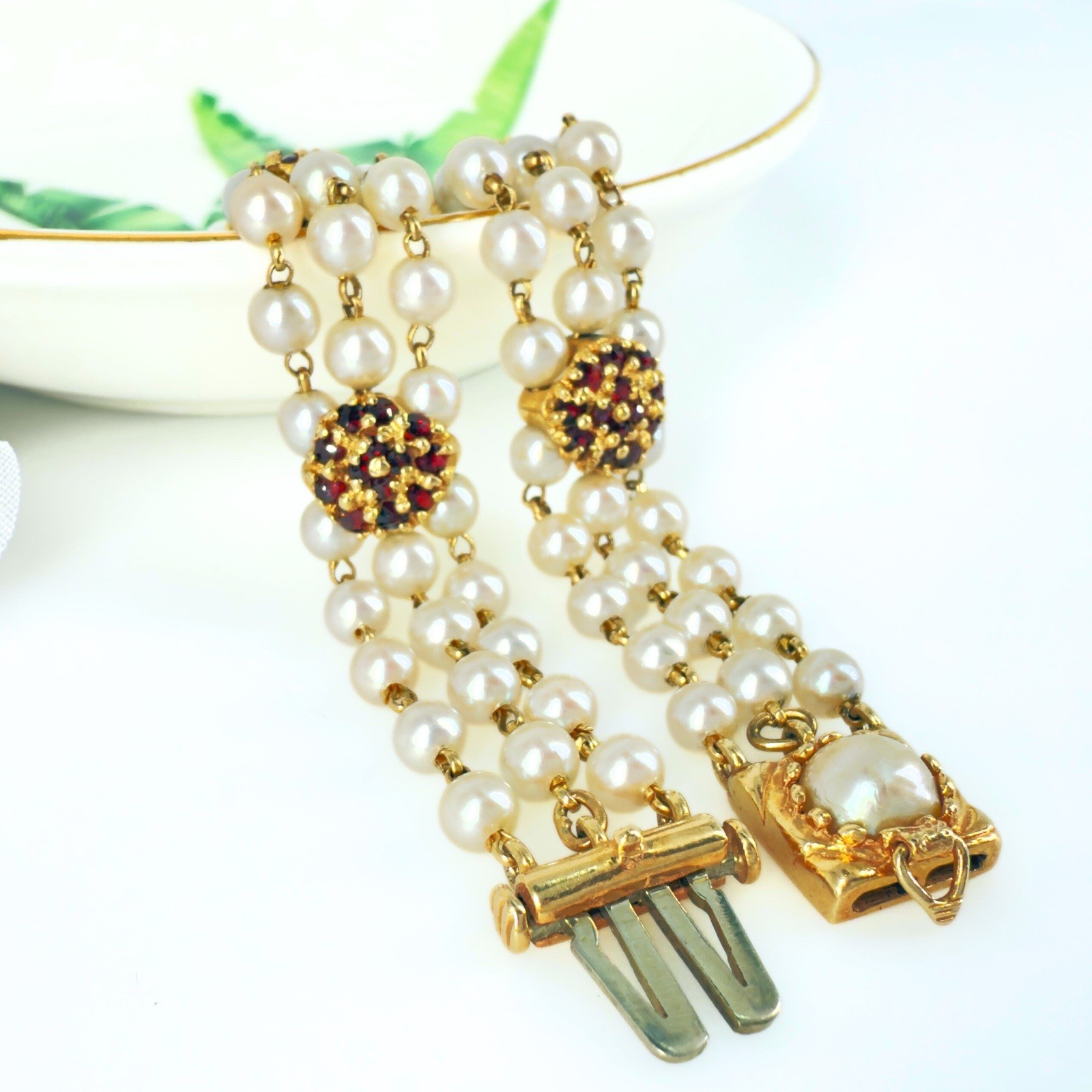 14k Gold Vintage Akoya Pearl 3-Row Bracelet & Garnet Slide Bracelet Charms - Picture 2 of 10