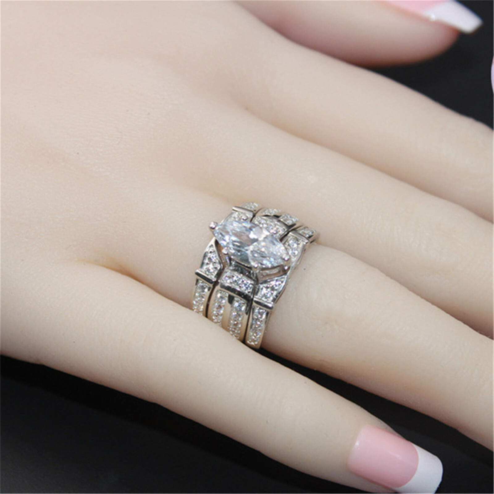 Marquise Cut Real Sterling Silver Trio Engagement Wedding Ring Set  Size 5-11