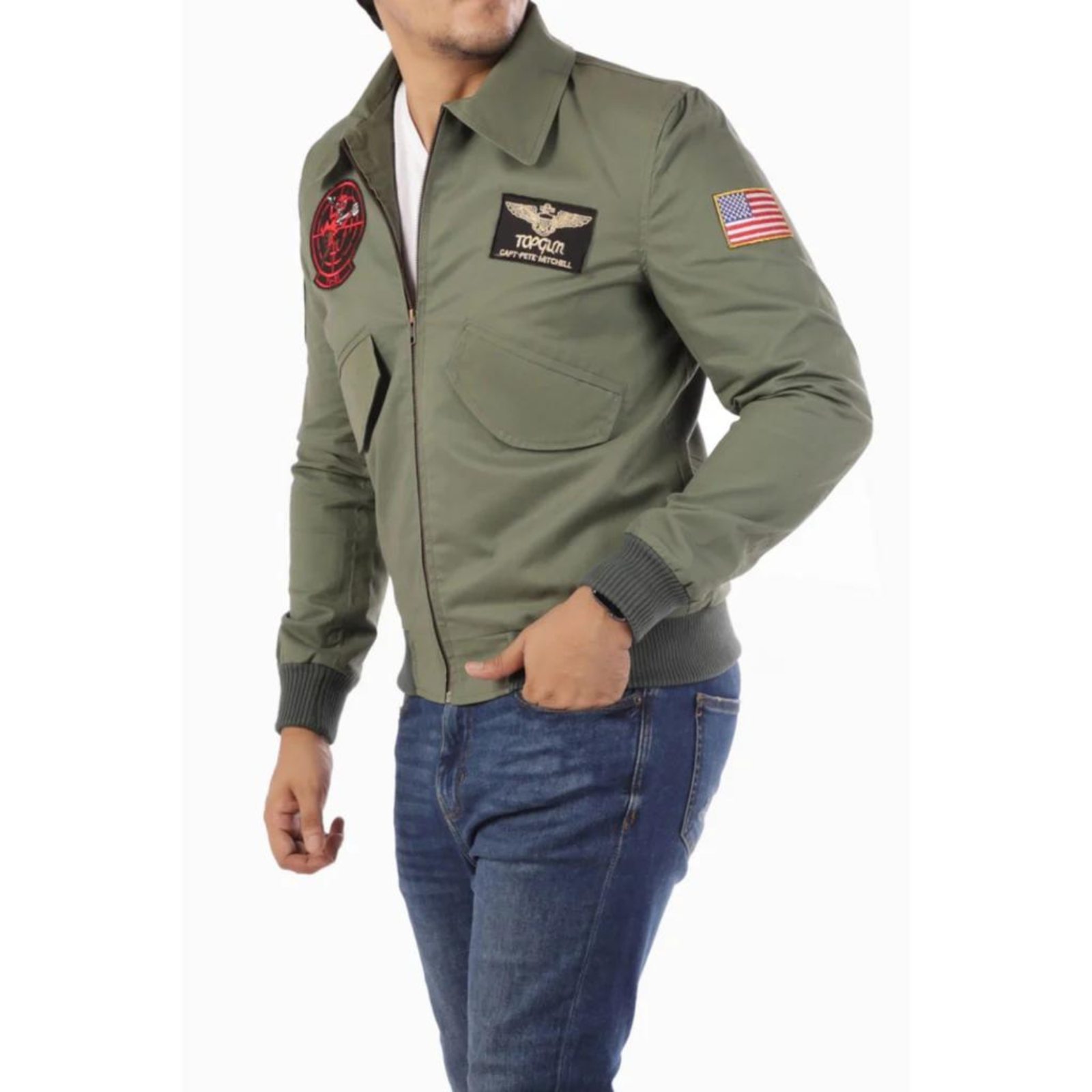 Pre-owned Top Gun Men's  Jacket Aviator Pilot Green Jacket Cotton Embroidered Patches