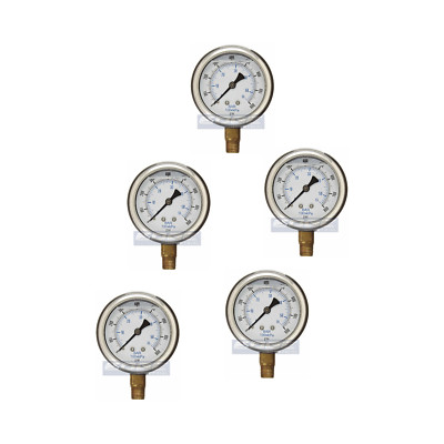 5 PACK LIQUID FILLED PRESSURE GAUGE 0-800 PSI, 2.5'' FACE, 1/4'' NPT LOWER MOUNT