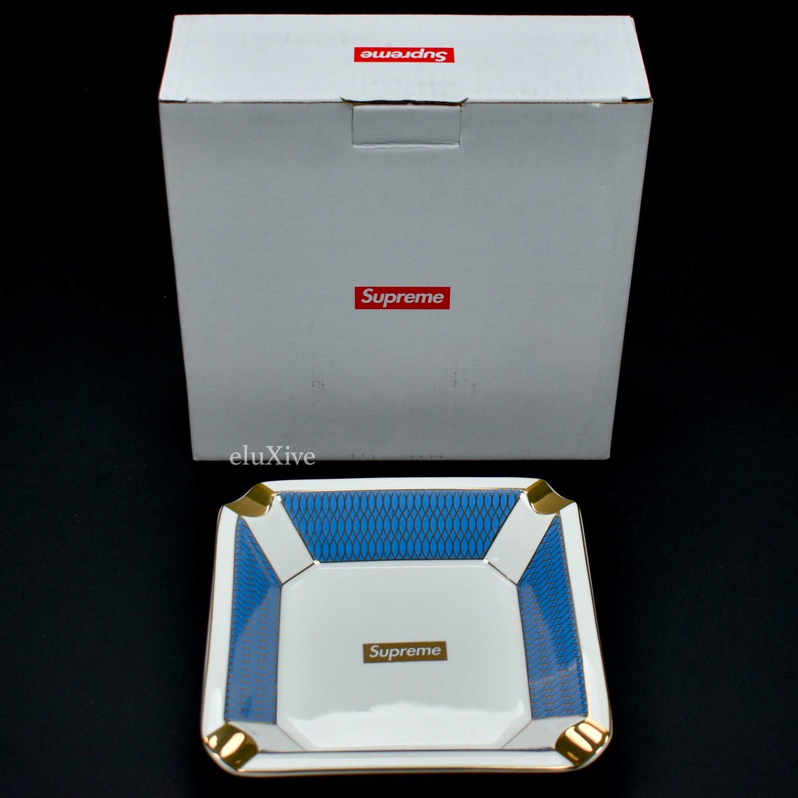 NWT Supreme NY Box Logo Ceramic Ashtray White Sky Blue Gold DS