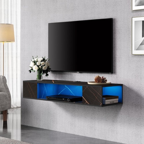 Floating TV Stand Shelf With Blue LED Lights - Wall Mounted Entertainment Center