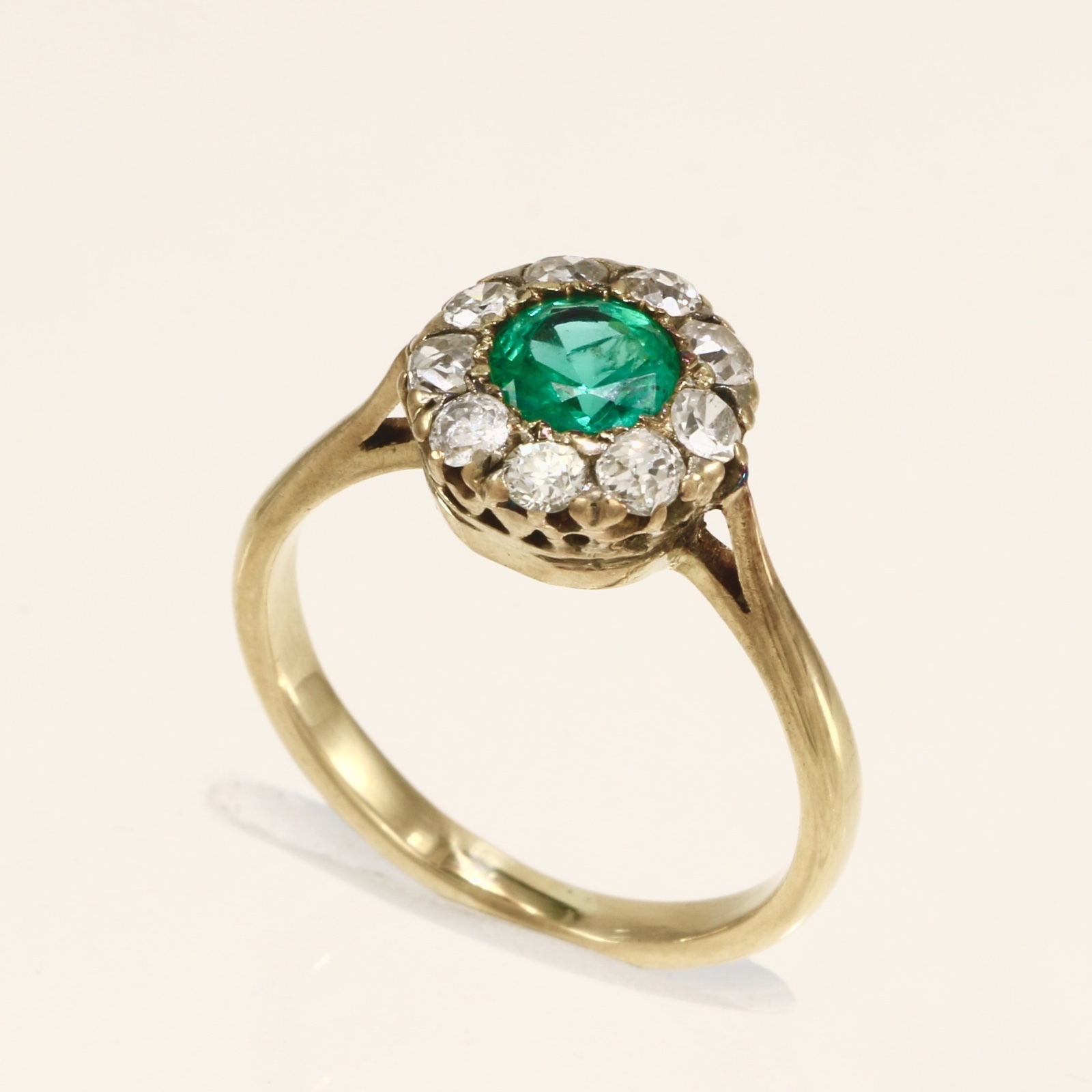 Antique Edwardian Emerald & Diamond 18k Yellow Gold Cluster Ring
