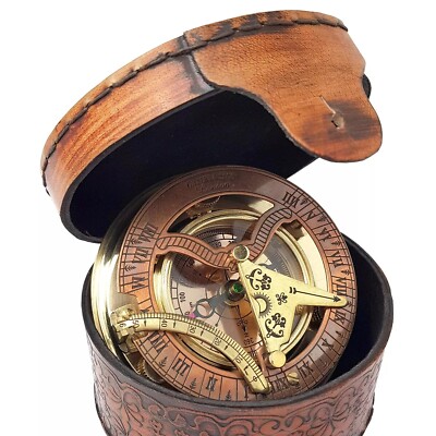 Antique Brass & Copper Sundial Compass, Sundial Clock in Box Gift Sun Clock