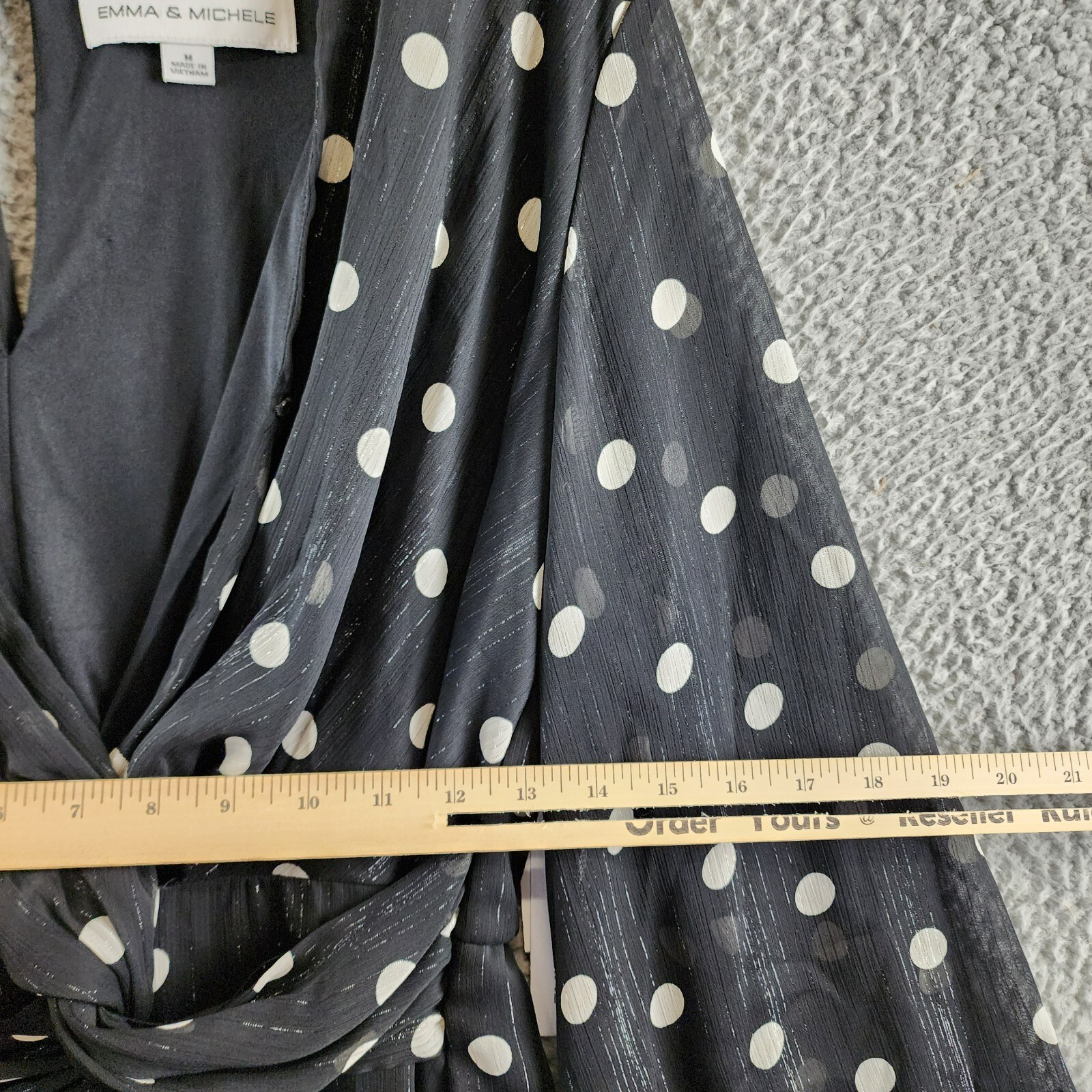 Emma & Michelle Faux Wrap Dress Women's M Black/White Dot Snap Front Button Back - Picture 5 of 11