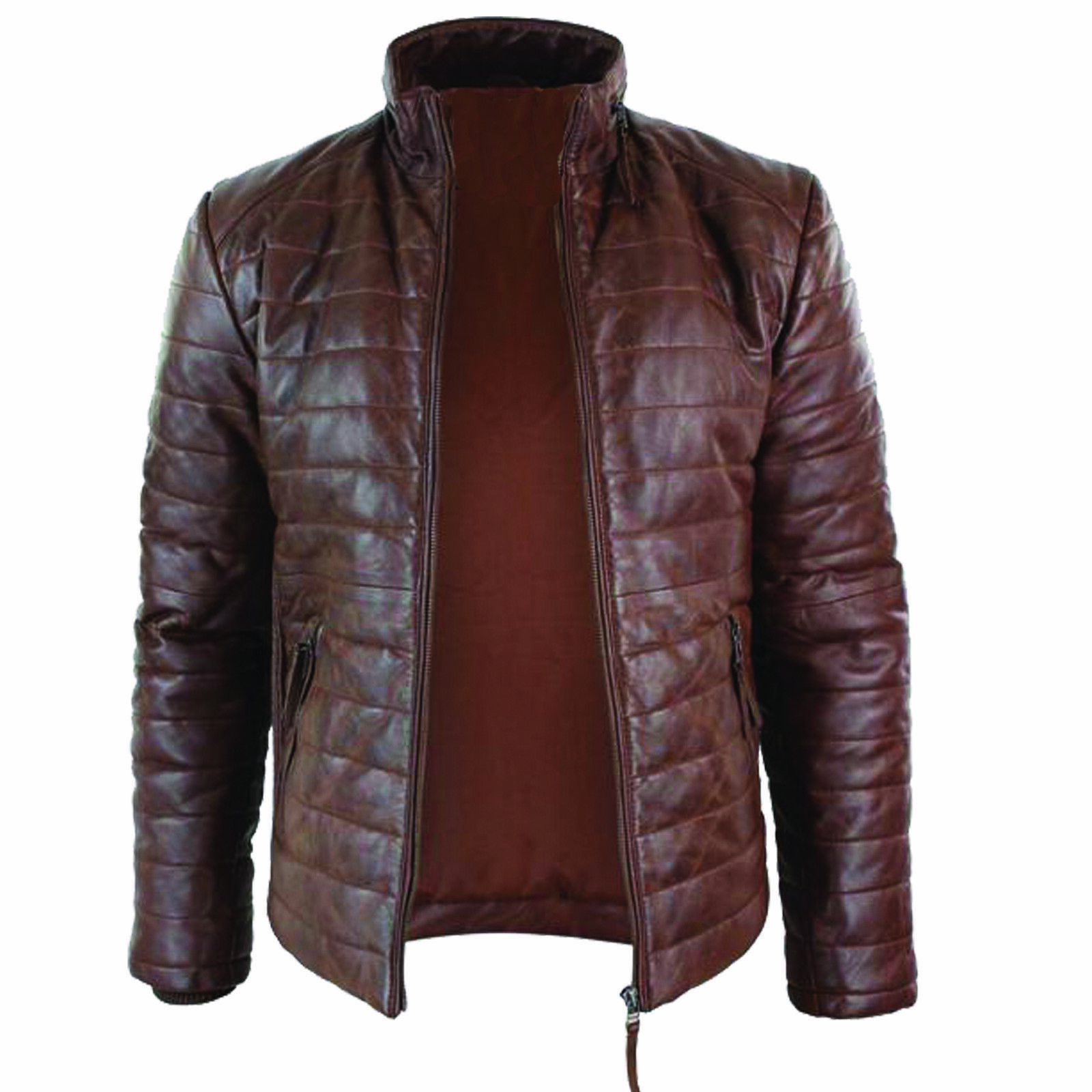 Men's Real Leather Quilted Puffer Jacket Vintage Brown Casual Winter Zipper Coat Men's Real Leather Quilted Puffer Jacket Vintage Brown Casual Winter Zipper Coat