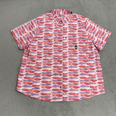 LL Bean Shirt Womens Plus 2X Orange Fish Print Button Up UPF 50 Outdoors NEW
