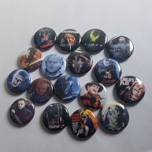 80s HORROR PINBACK BUTTON LOT of 17 - punk pin badge - friday 13th nightmare ash