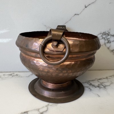 Vintage Solid Copper Hammered Bowl Planter Pot Urn with Ring Handles Footed Base