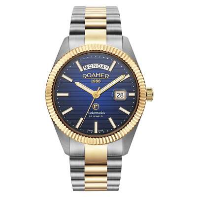 Pre-owned Roamer 981666 47 45 50 Daydate Ii Automatic Two Tone Bracelet Wristwatch In Gold/silver/blue