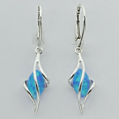 Unique Blue FIRE OPAL Dangle Oval Earrings 925 STERLING SILVER Leverback #199e