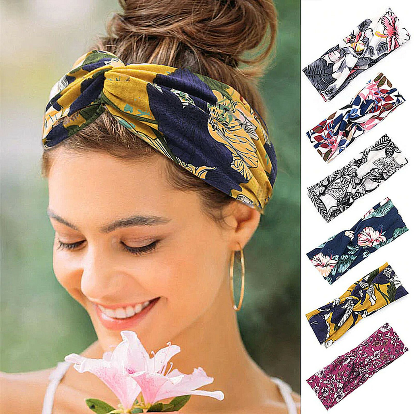 Durio Haarband 4er Set Damen - Elastisch, Breit, Mit Blumendruck, Für Sport & Alltag
