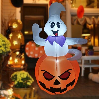 GOOSH 5 FT Halloween Inflatable Outdoor Ghost Sitting on The Pumpkin, Blow Up Ya