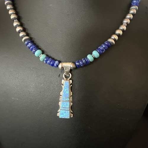 Pre-owned Handmade Mens Blue Turquoise Lapis Opal Pendant Navajo Sterling Silver Necklace 20" 17896