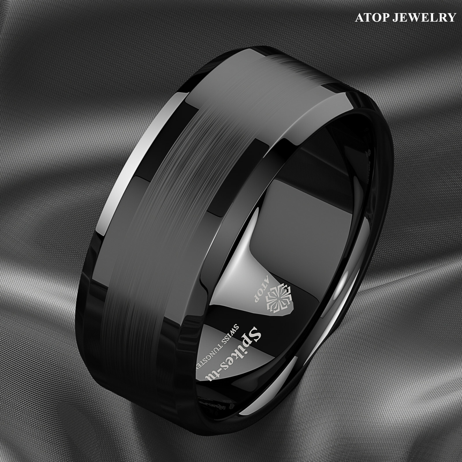 8/6mm ATOP Brushed Center Black Tungsten Carbide Ring Wedding Band Mens Jewelry