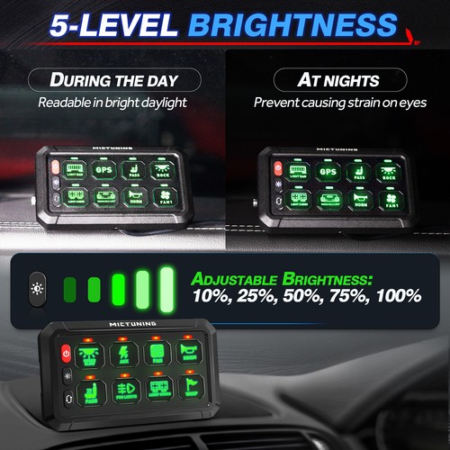 MICTUNING 8 Gang Switch Panel Green LED Light Bar Relay System Marine Boat 24v