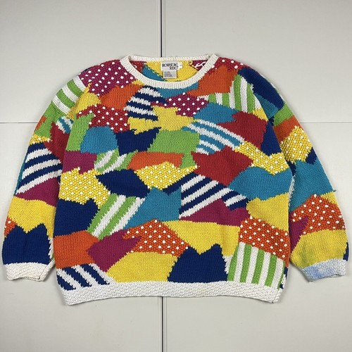 Vintage 80s Multi Color Art Color block Cotton Knit Sweater
