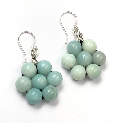 Natural Blue Amazonite Gemstone 8mm Round Bead 925 Sterling Silver Earring 1.80''