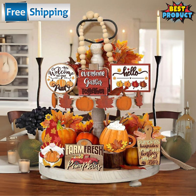 13PcsHello Fall Wooden Tiered Tray Decorations for Autumn Holiday Thanksgiving