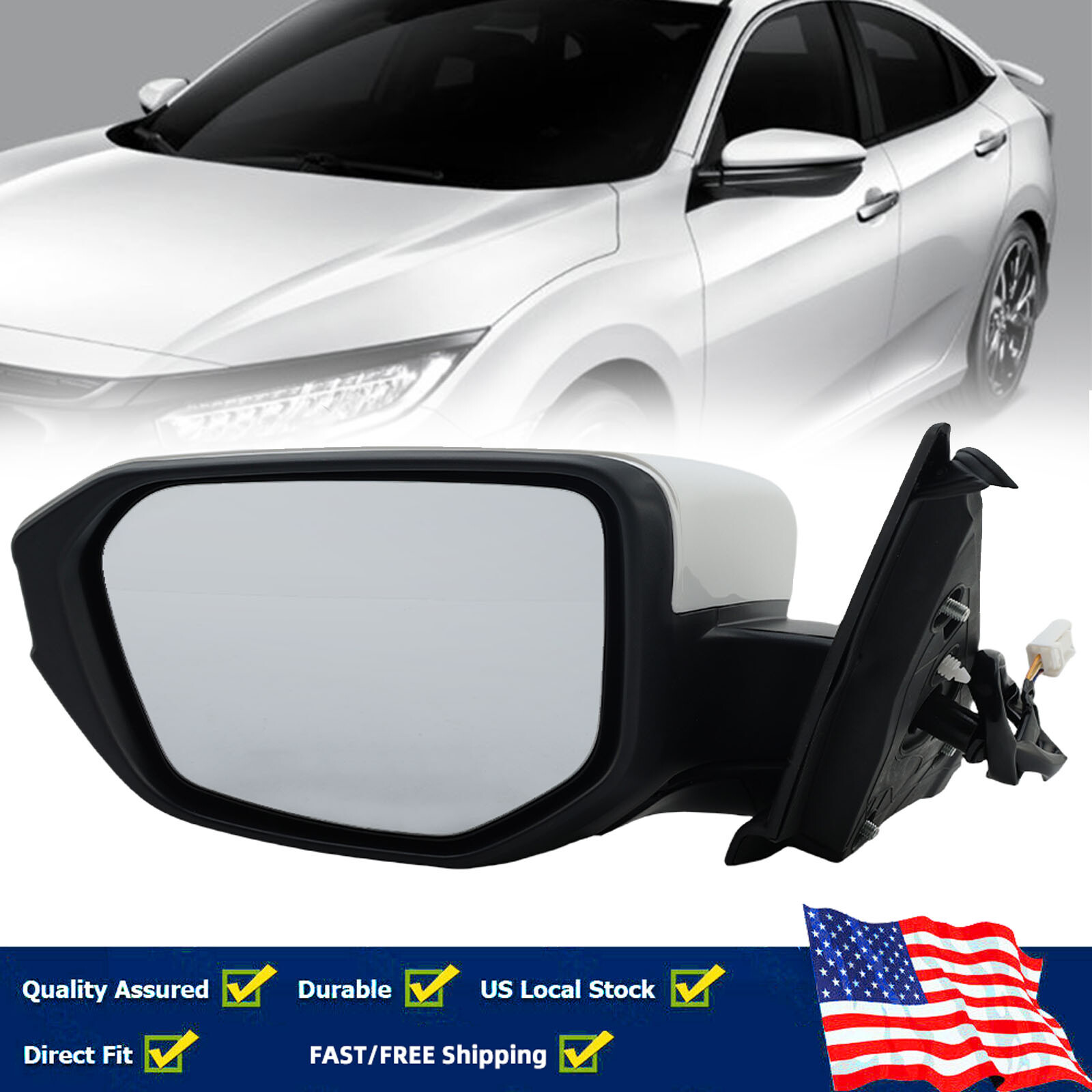 Левое загрунтованное Белое зеркало заднего вида для Honda Civic 2016-2020 2021 Со стороны водителя складывается вручную
