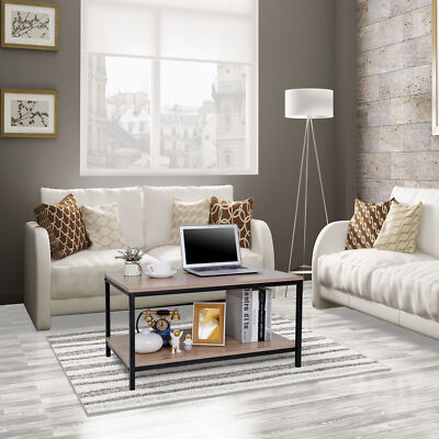 2-Tier Industrial Coffee Table Rectangle Side End Table w/Storage Shelf 3 Colors
