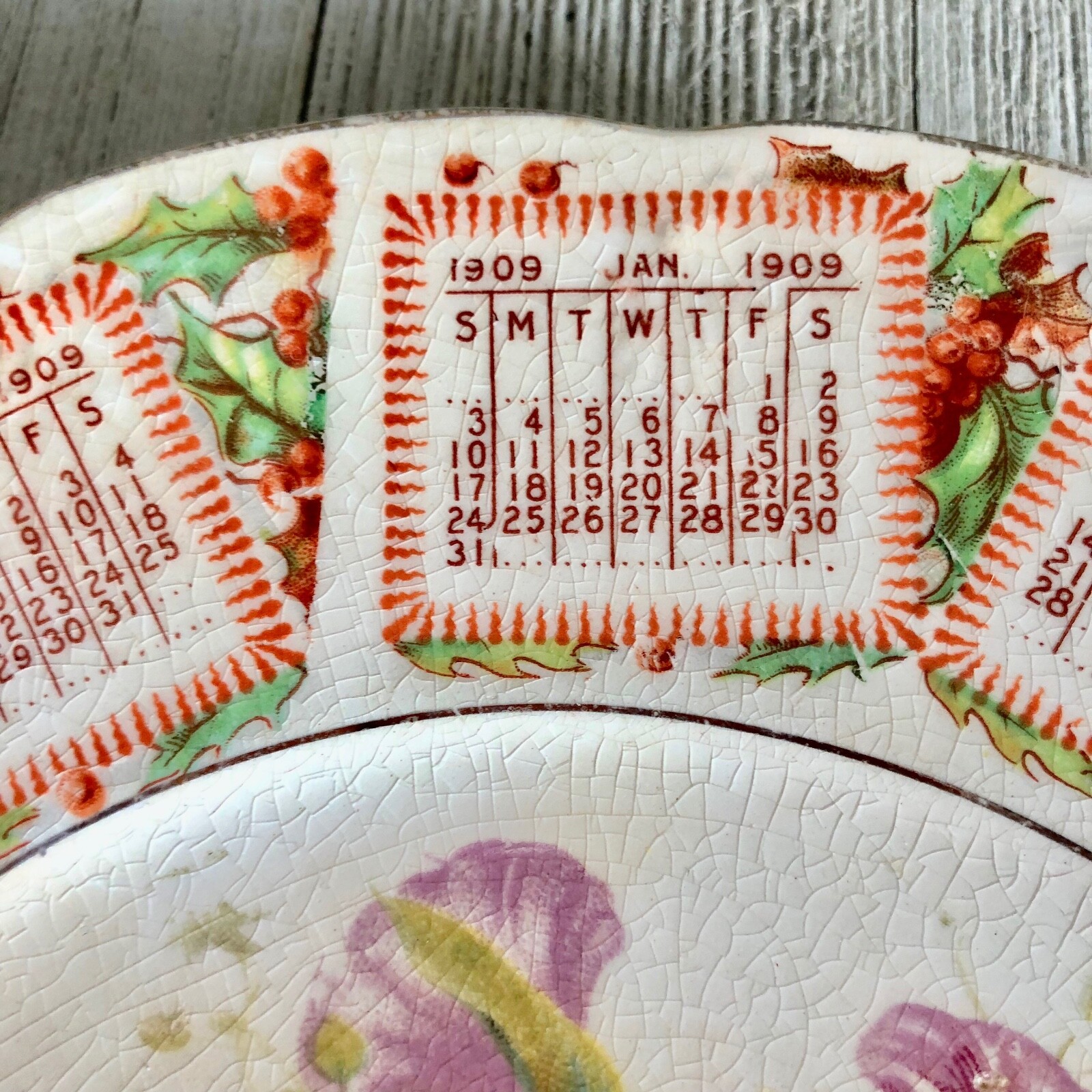 Antique Wisconsin Calendar Plate 1909 Florence WI Johnson Grocery Christmas