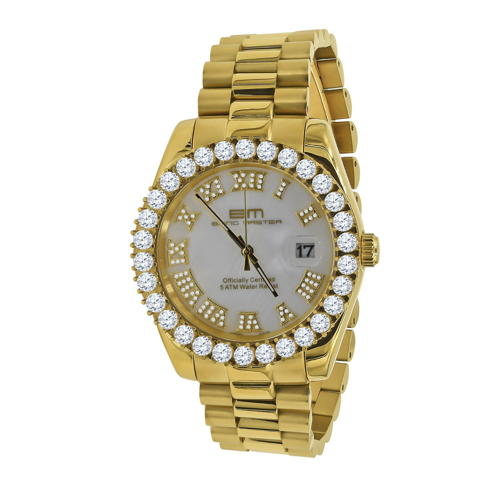Pre-owned Bling Master Full Steel Gold Tone White Pearl Dial Simulated Diamond Presidential Watch 42mm