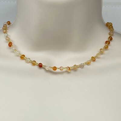 Handmade Short Necklace Tiny Natural Agate Nuggets with Gold Seed Beads 16.25''