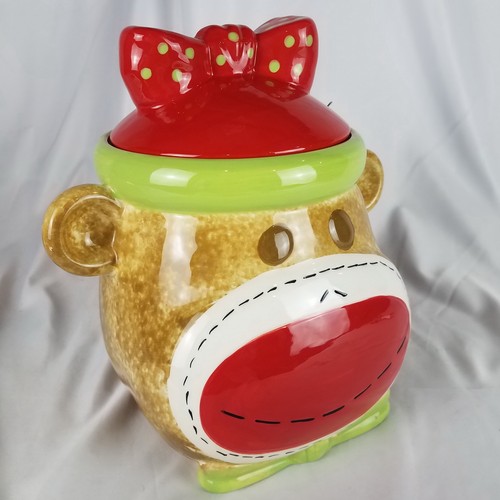 Real Home Sock Monkey Cookie Jar - Earthenware Green Red Polka Dot - NEW