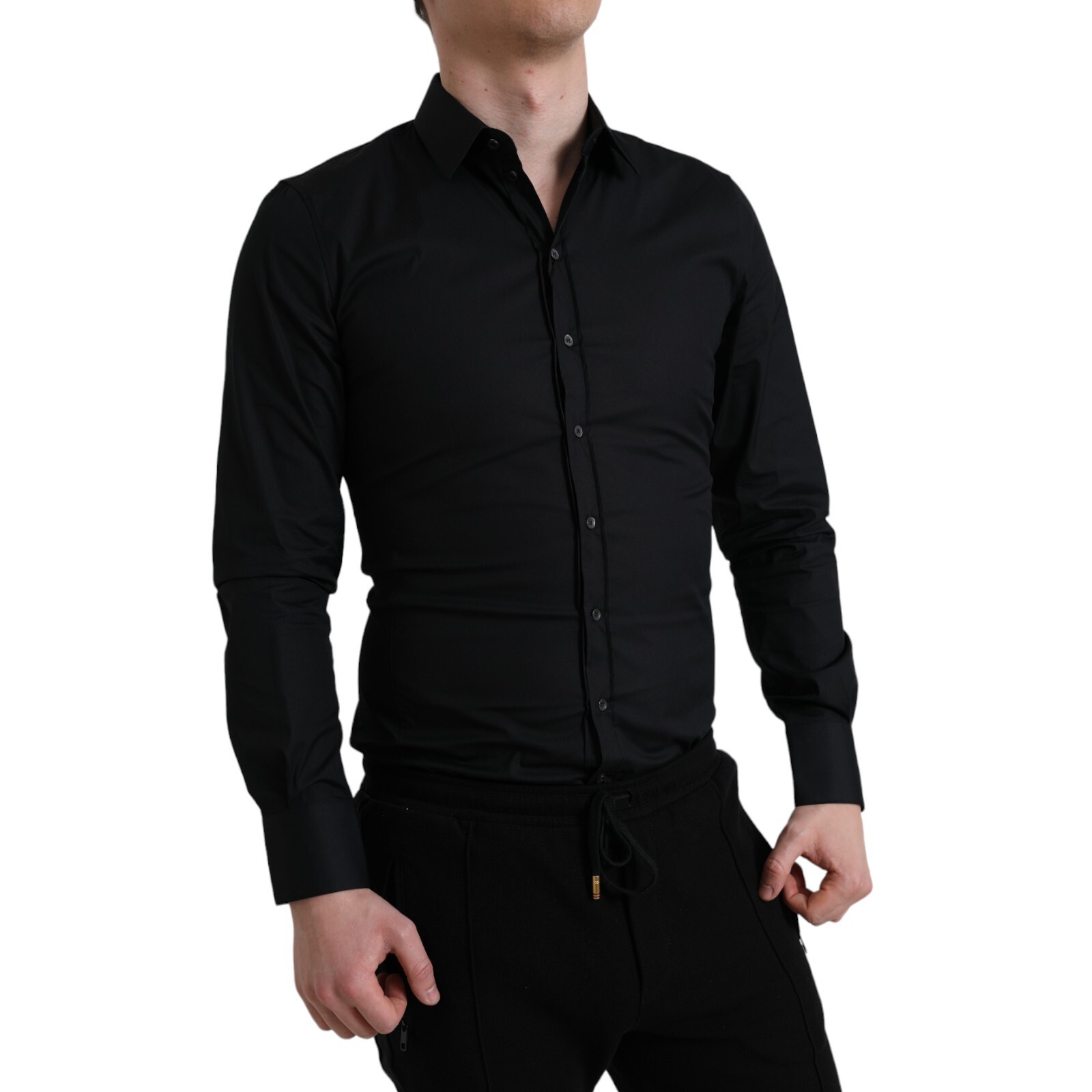 Pre-owned Dolce & Gabbana Shirt Dress Black Cotton Stretch Slim Formal 39/ Us15.5/s 450usd