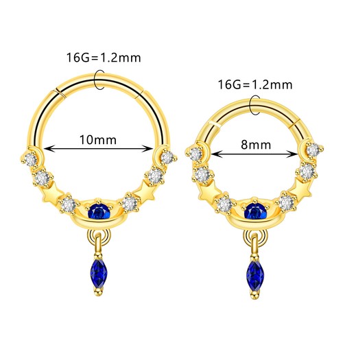 Surgical Steel Hinged Nose Rings Hoop 16G Septum Clicker Ring Earrings Gold- ONE