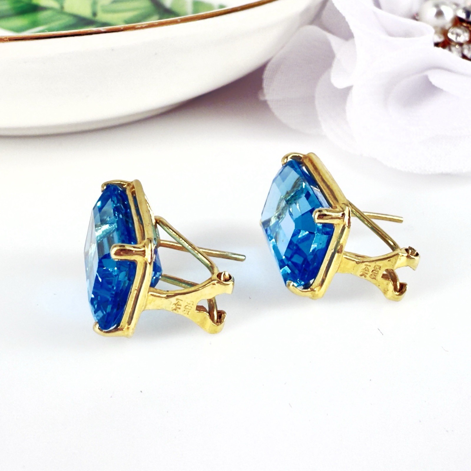 14k Yellow Gold Swiss Blue Topaz Omega Back Earrings, Preowned - Picture 9 of 12