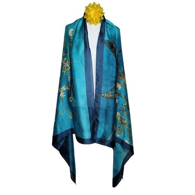 NWT Silk Scarf Van Gogh's Paint Turquoise 'Almond blossom' 35" x 70" LJD0235